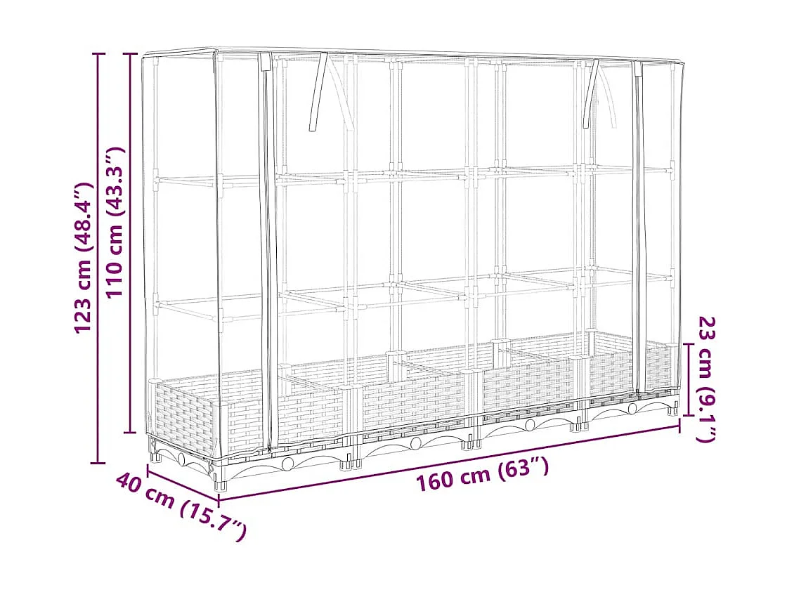 Jardinière surélevée avec housse aspect rotin 160x40x123 cm