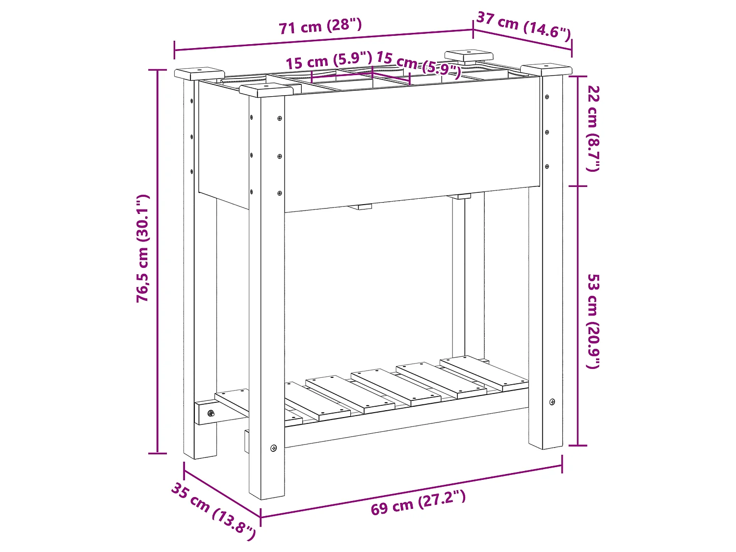 Jardinière avec grilles 71x37x76 cm en bois massif de pin