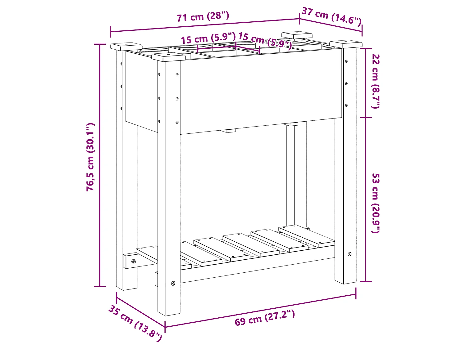 Jardinière avec grilles 71x37x76 cm en bois massif de pin