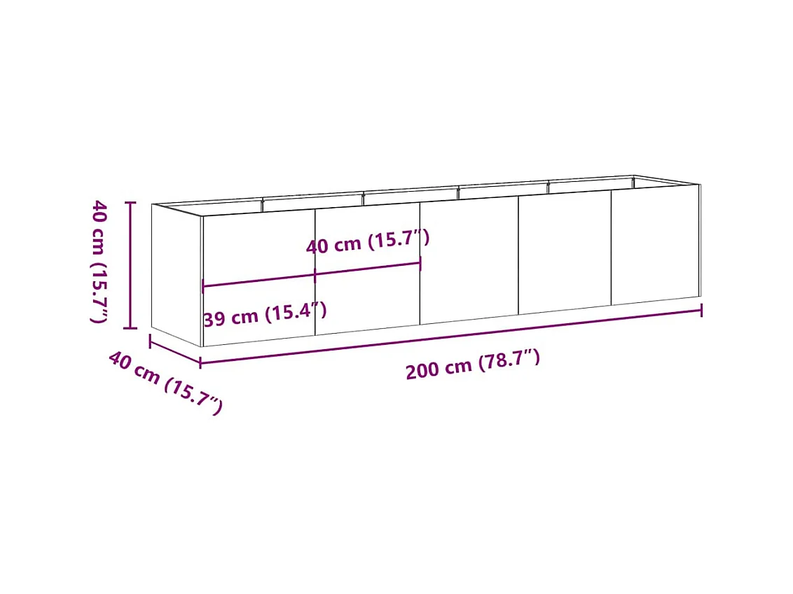 Jardinière noir 200x40x40 cm acier laminé à froid