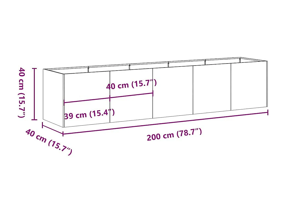 Jardinière noir 200x40x40 cm acier laminé à froid