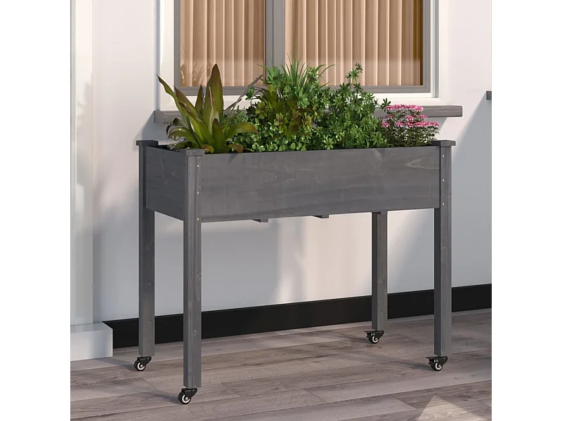 Jardinière sur roues avec doublure gris 118x59x80 cm bois sapin