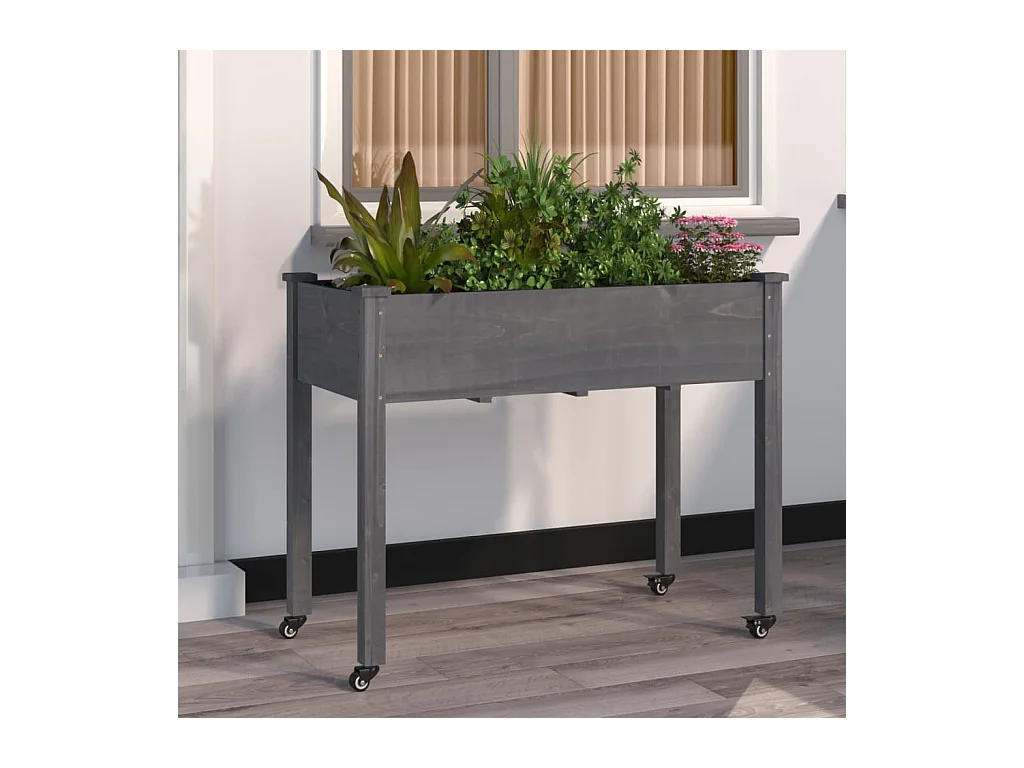 Jardinière sur roues avec doublure gris 118x59x80 cm bois sapin