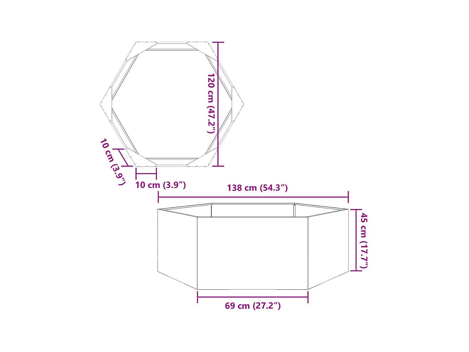 Jardinière anthracite hexagone 138x120x45 cm acier