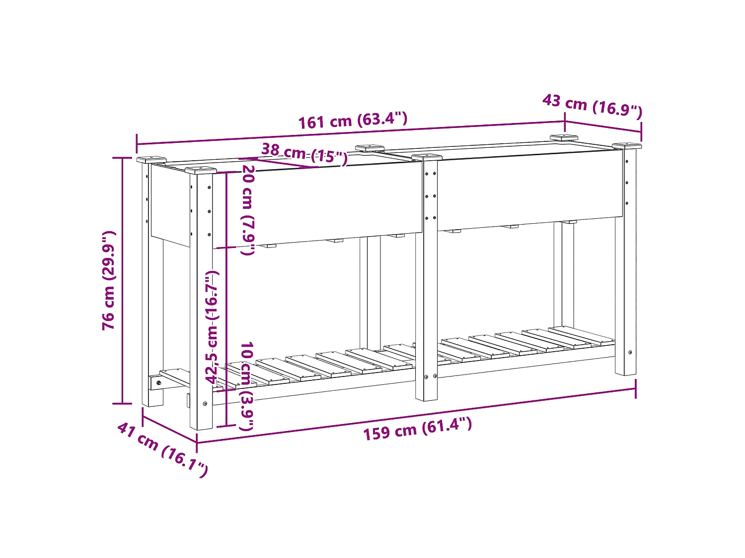 Jardinière avec étagère 161x43x76 cm en bois massif de sapin