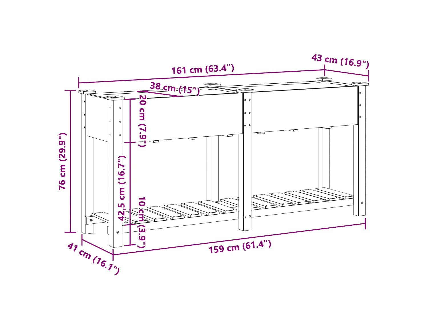 Jardinière avec étagère 161x43x76 cm en bois massif de sapin