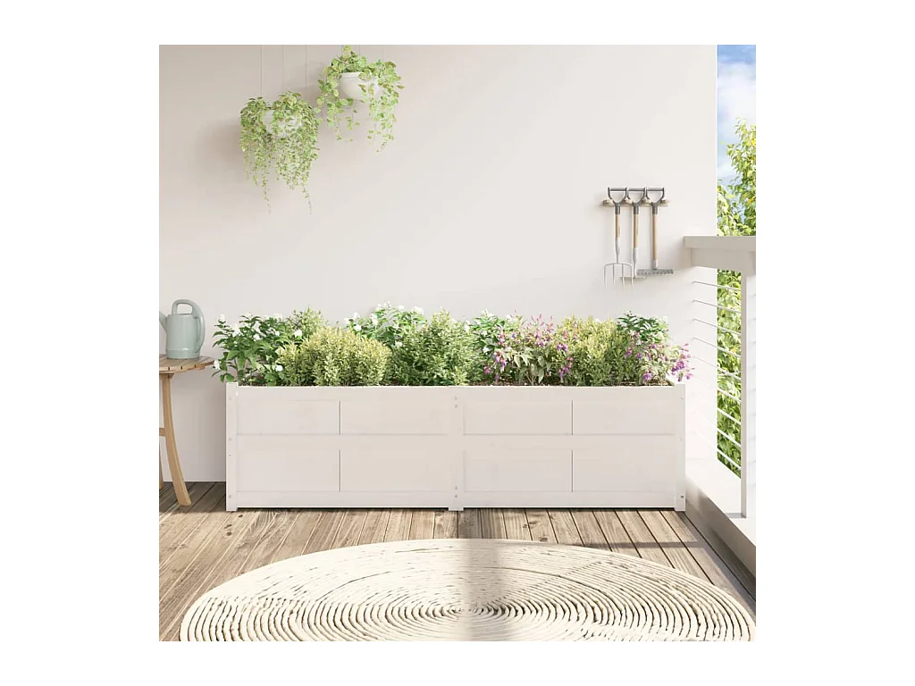 Fioriera bianca 180x50x50 cm in legno massello di pino