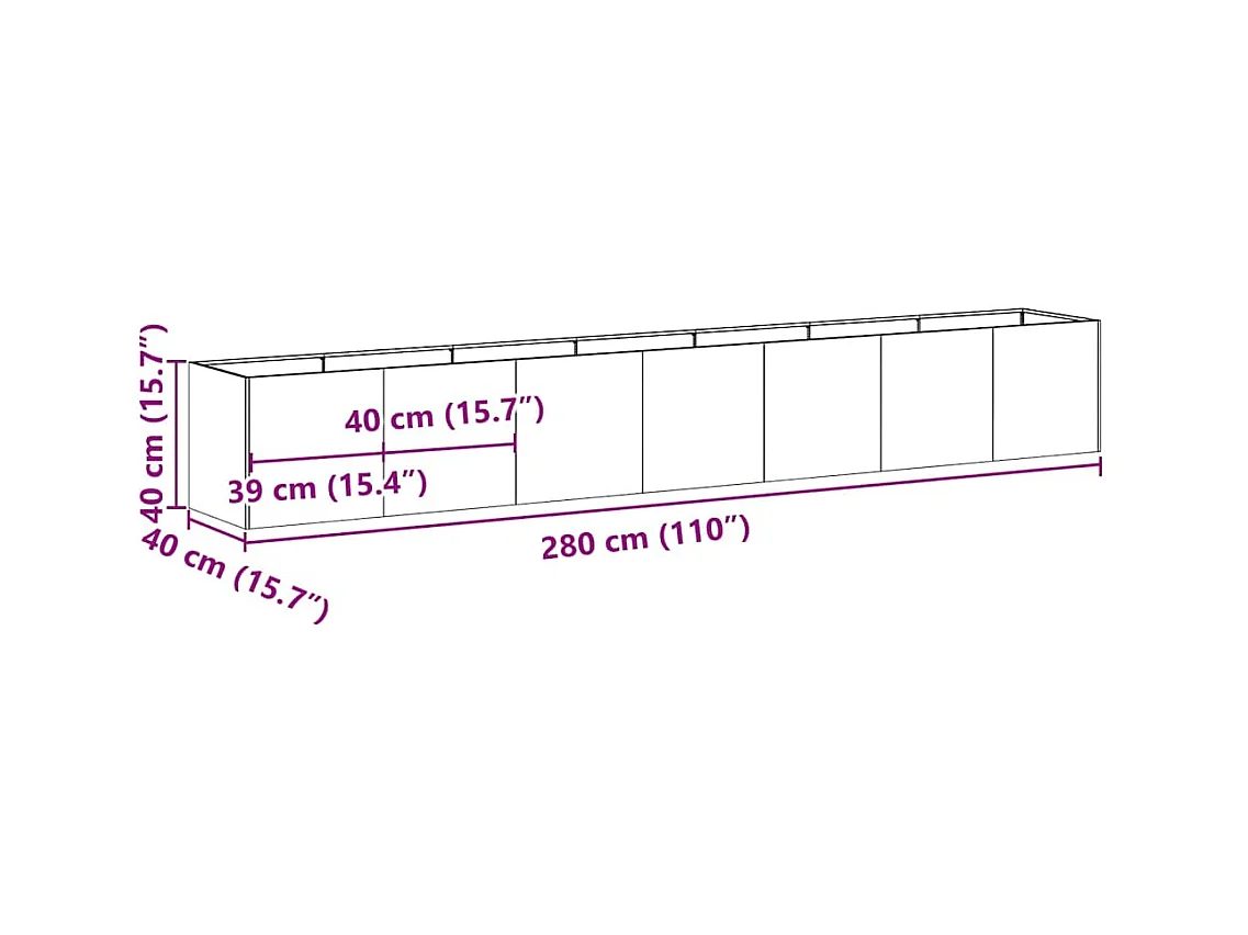 Jardinière noir 280x40x40 cm acier laminé à froid