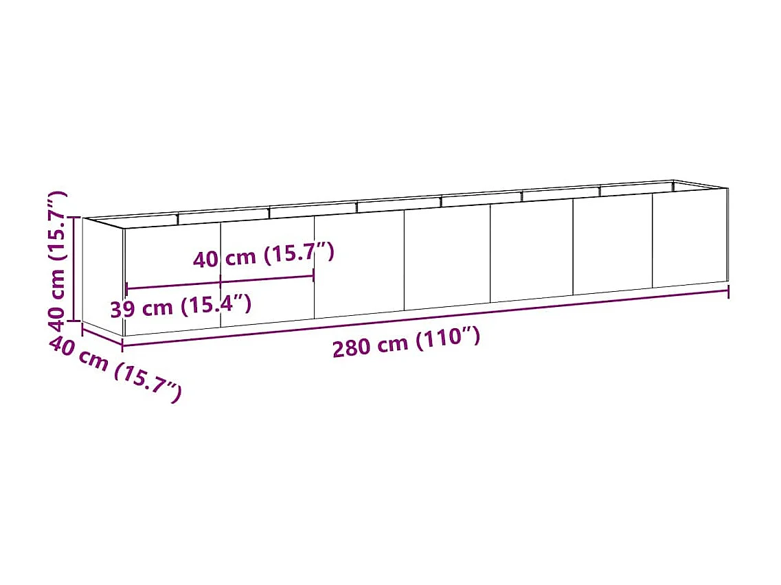 Zwarte plantenbak 280x40x40 cm koudgewalst staal