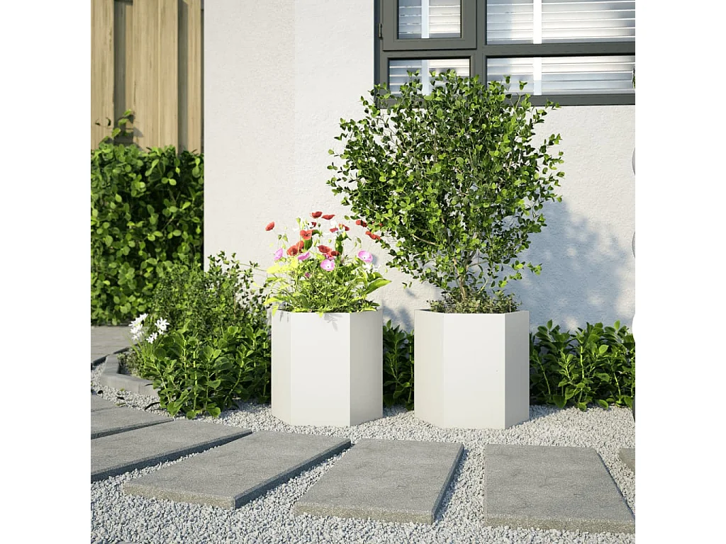 Jardineras 2 uds blancas hexagonales 46x40x45 cm acero