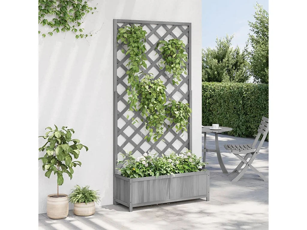 Jardinera con enrejado gris de madera maciza de abeto