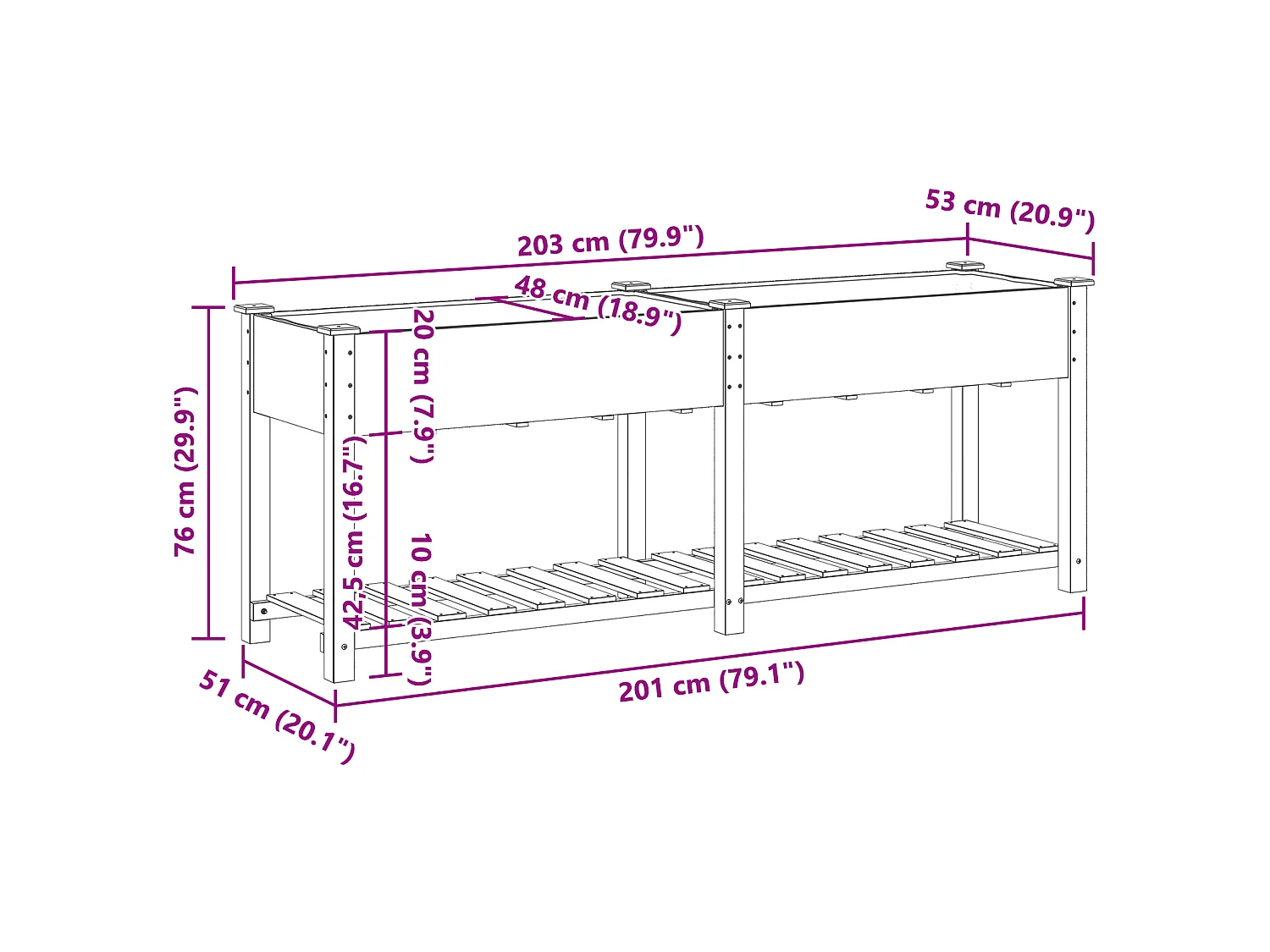 Jardinière avec étagère 203x53x76 cm en bois massif de sapin