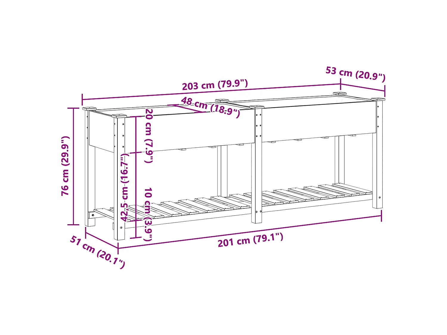Plantenbak met plank 203x53x76 cm van massief dennenhout
