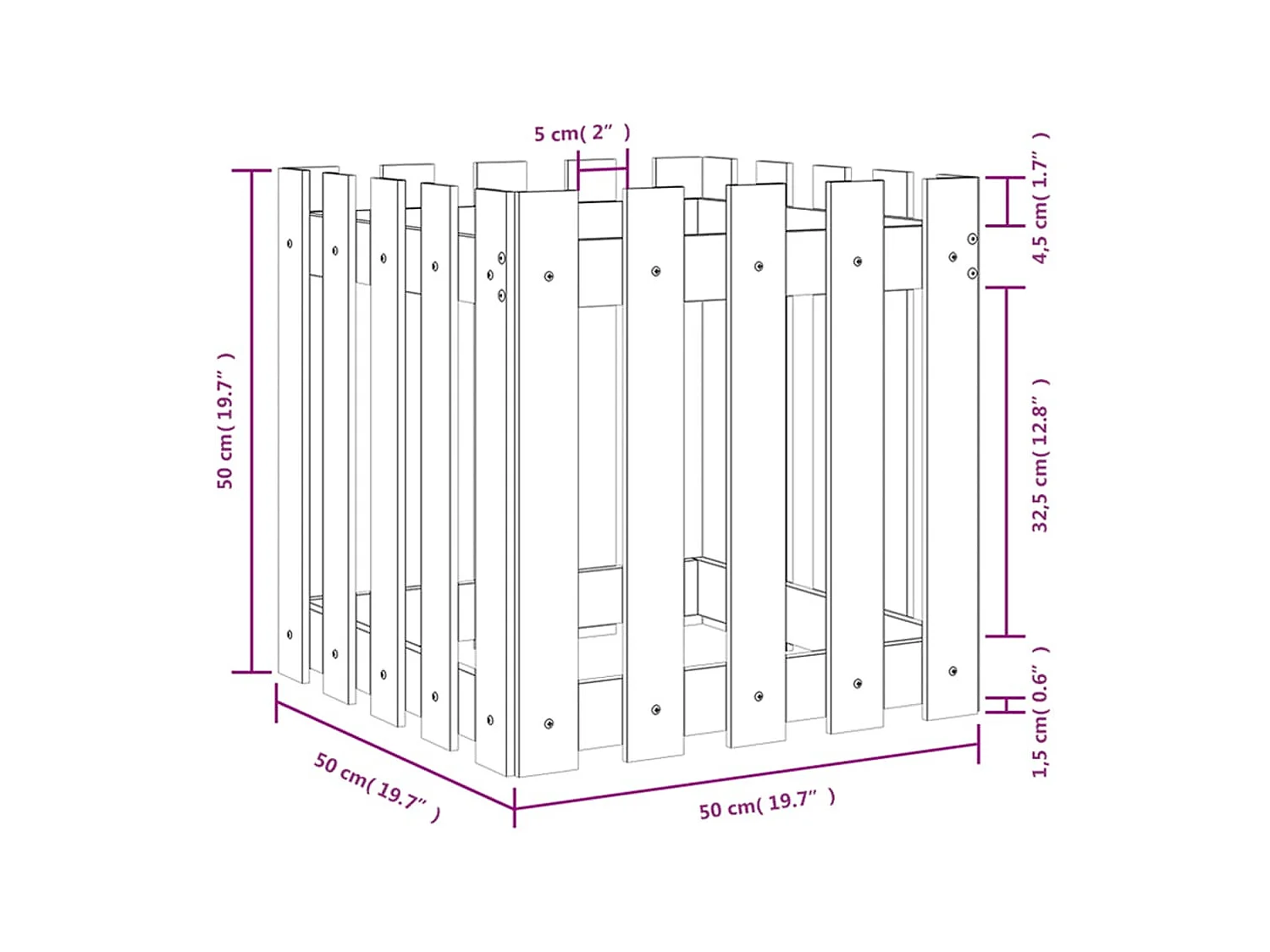 Jardinière avec design de clôture 50x50x50 cm pin massif