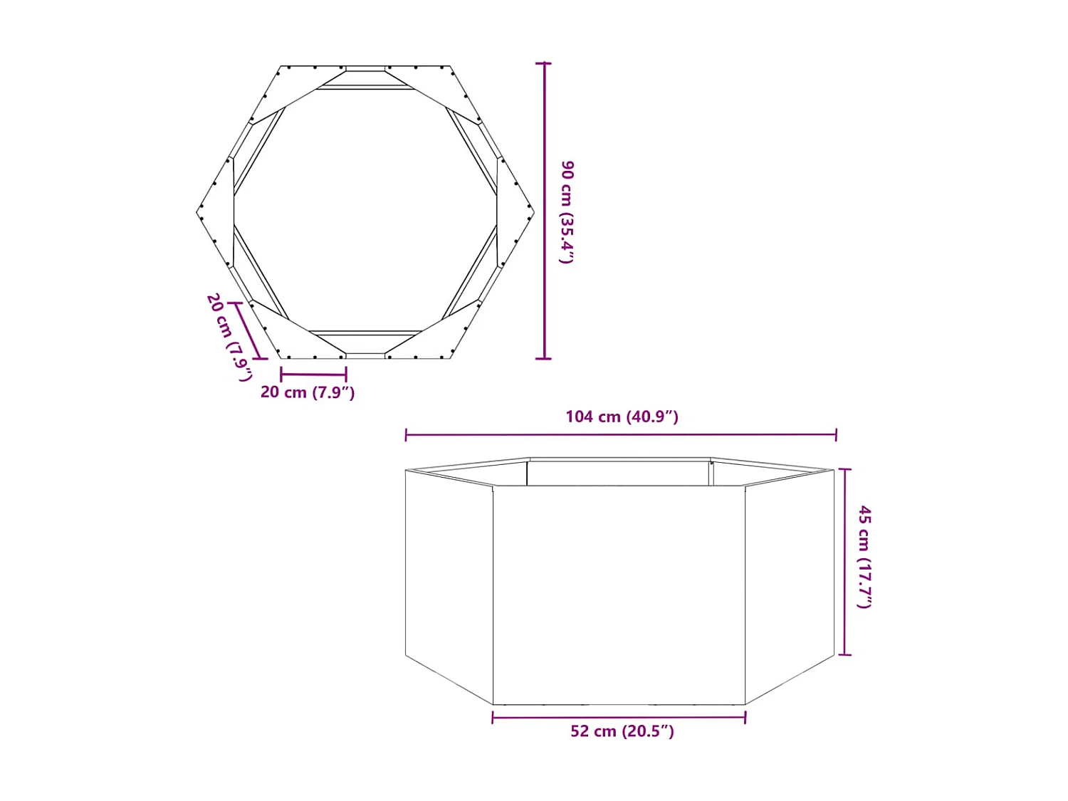 Schwarzer sechseckiger Blumentopf 104x90x45 cm Stahl