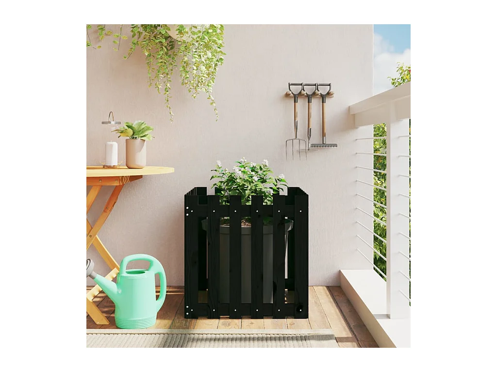 Jardinière avec design de clôture noir 60x60x60 cm pin massif