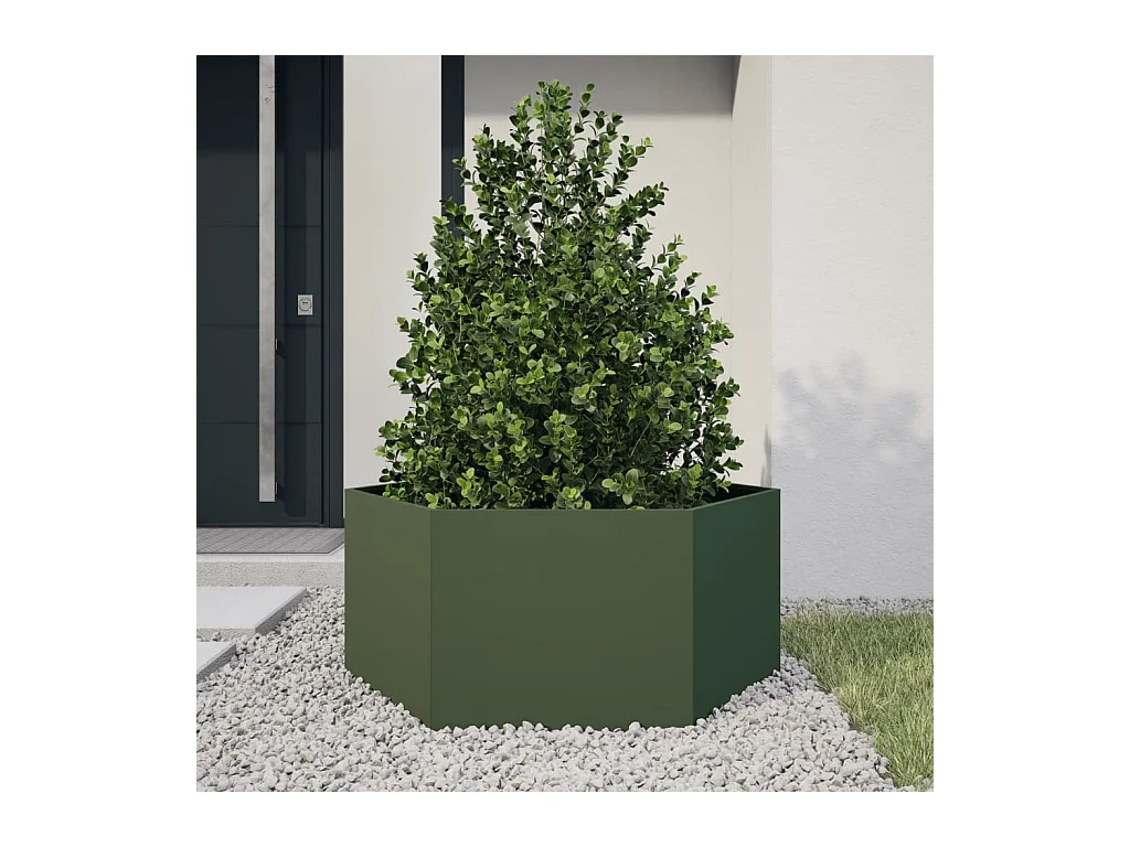 Olijfgroene zeshoekige plantenbak 104x90x45 cm staal