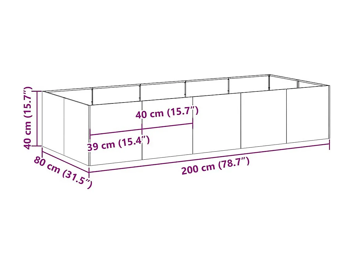 Jardinière anthracite 200x80x40 cm acier