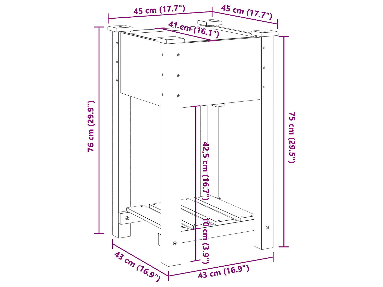 Plantenbak met plank 45x45x76 cm van massief dennenhout