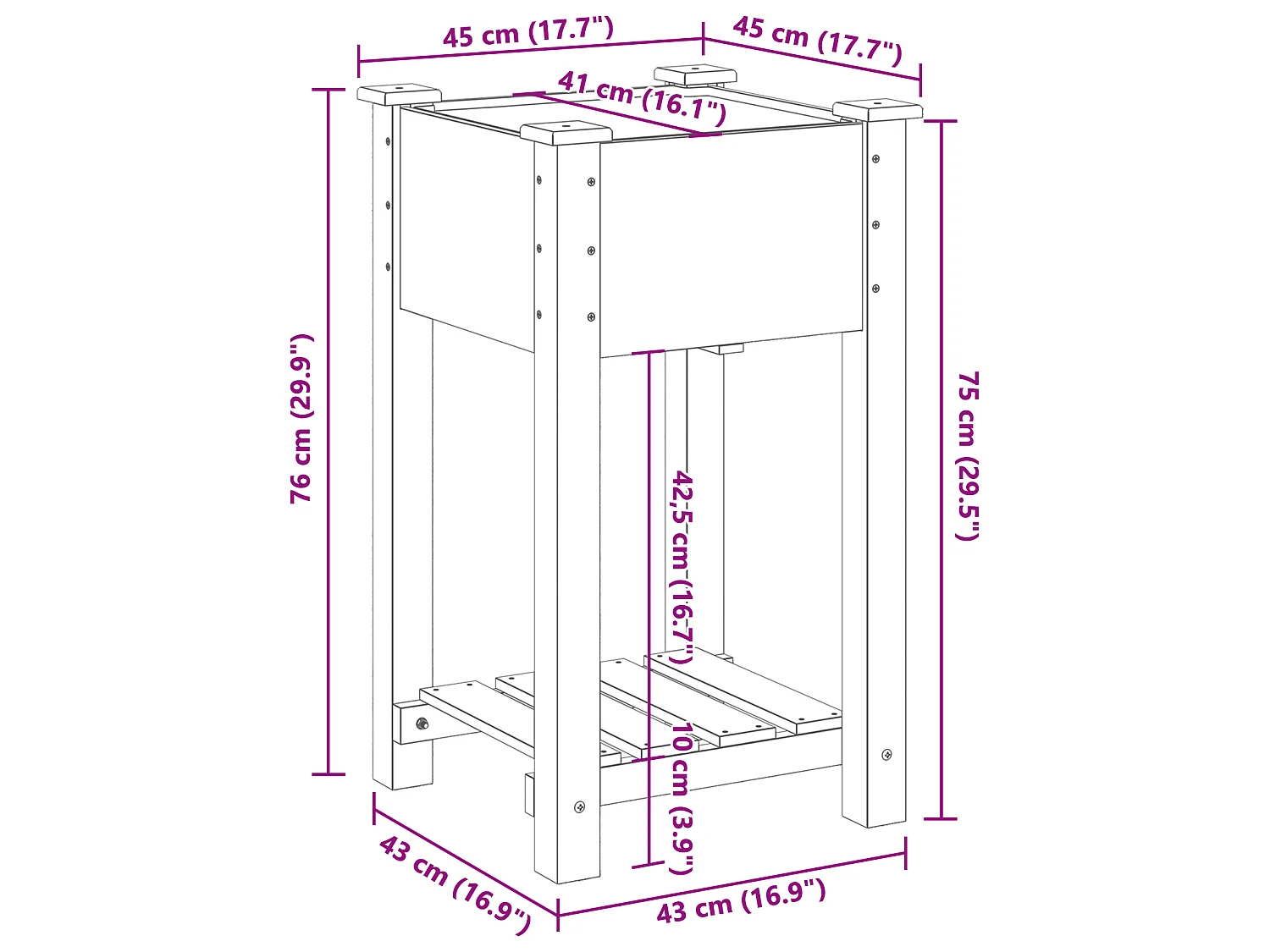 Plantenbak met plank 45x45x76 cm van massief dennenhout