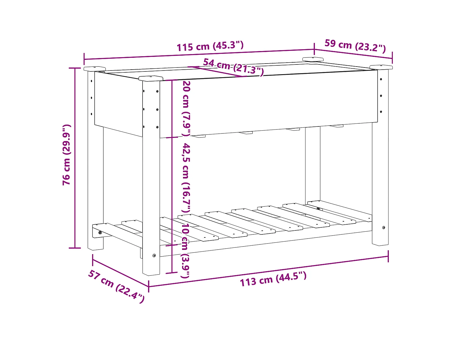 Jardinière avec étagère 115x59x76 cm en bois massif de sapin
