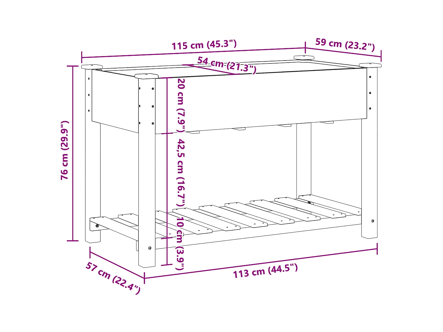 Jardinera con estante 115x59x76 cm en madera maciza de abeto