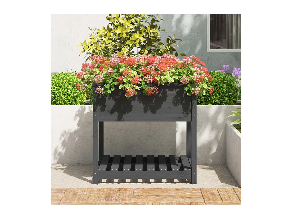 Jardinière avec étagère Gris 82,5x82,5x81 cm Bois massif de pin