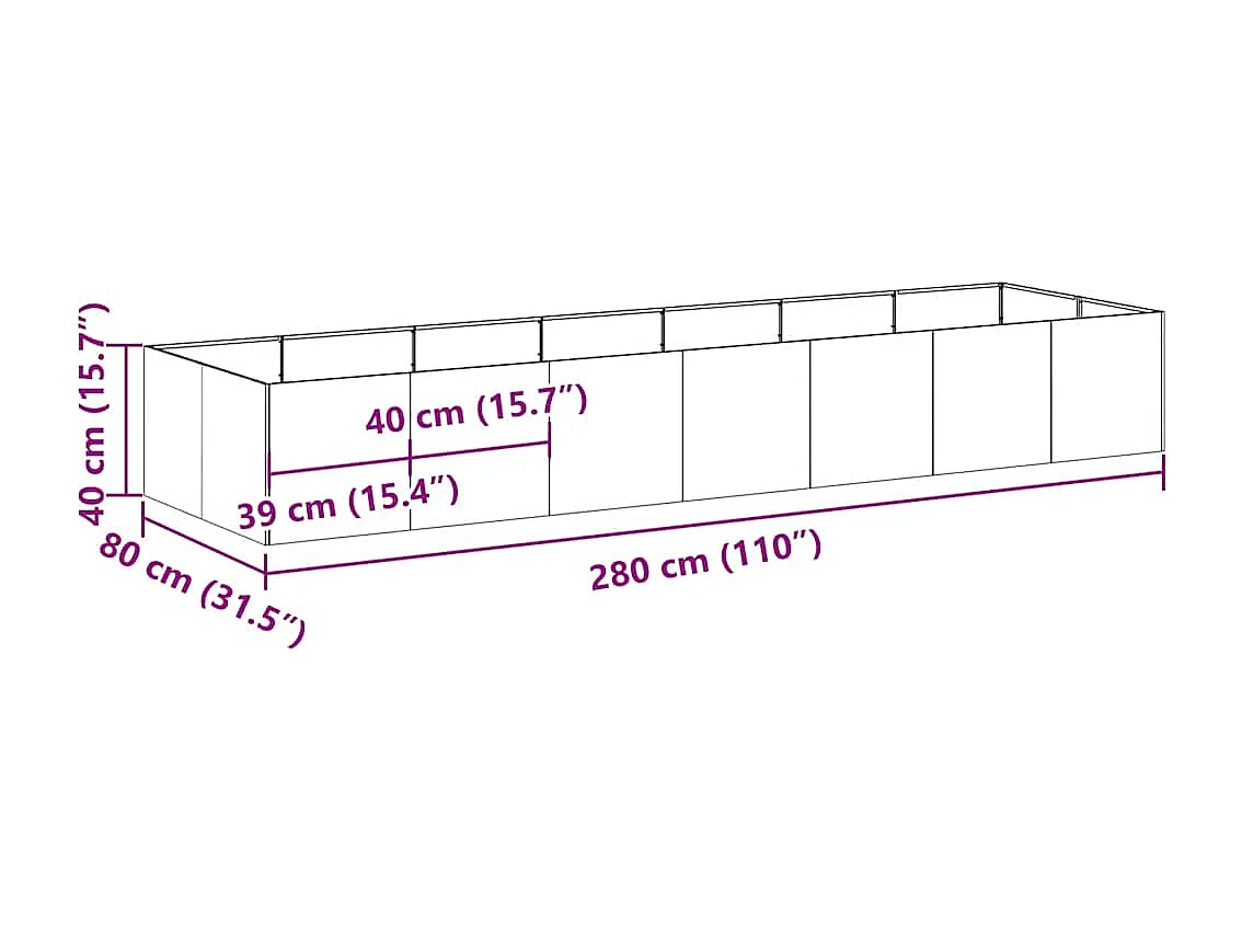 Jardinière noir 280x80x40 cm acier