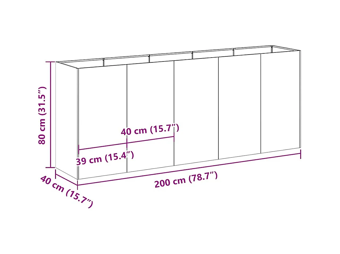 Schwarzer Pflanzkübel 200x40x80 cm aus kaltgewalztem Stahl