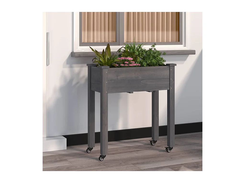 Jardinière sur roues avec doublure gris 71x37x80 cm bois sapin
