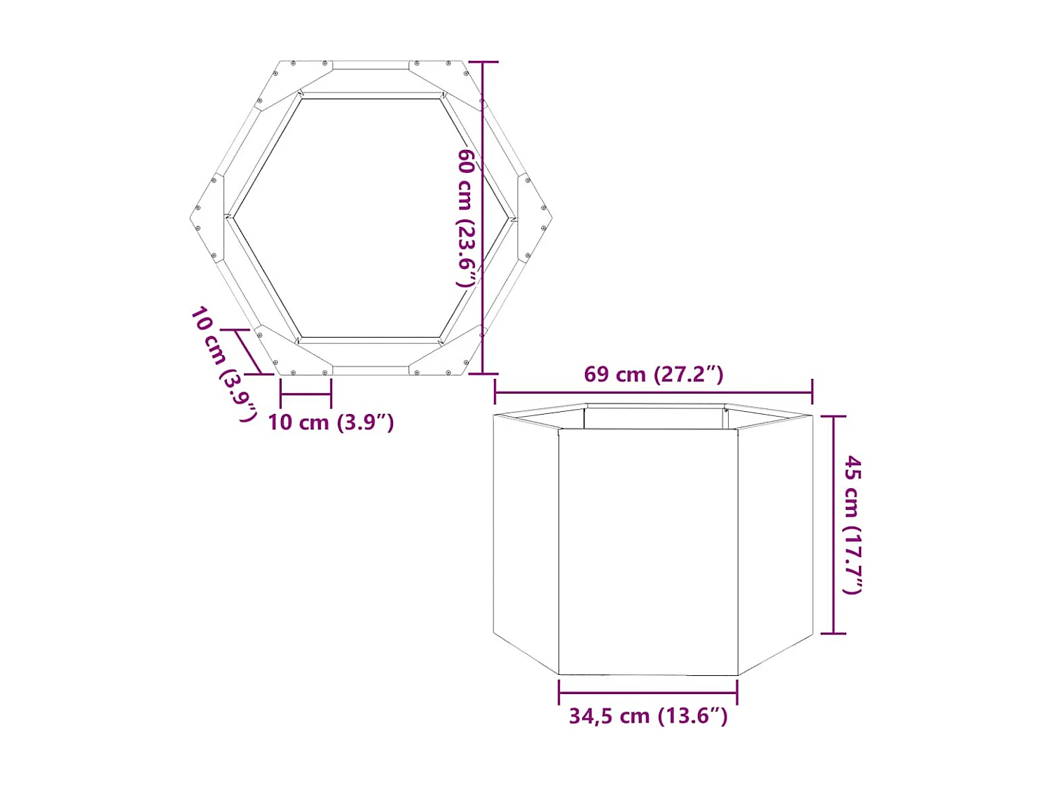 Fioriera esagonale 69x60x45 cm in acciaio zincato