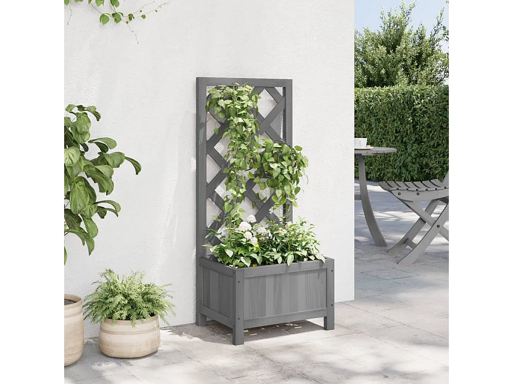Jardinera con enrejado gris de madera maciza de abeto