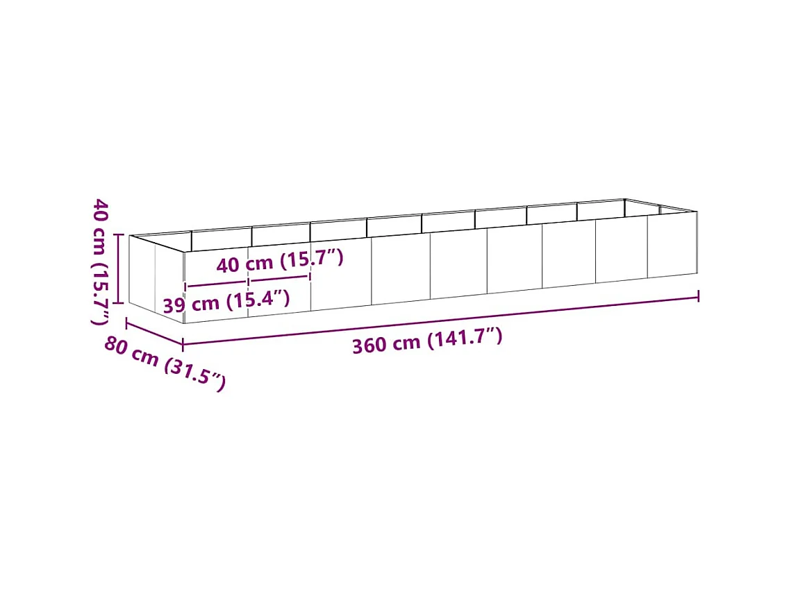 Jardinière noir 360x80x40 cm acier