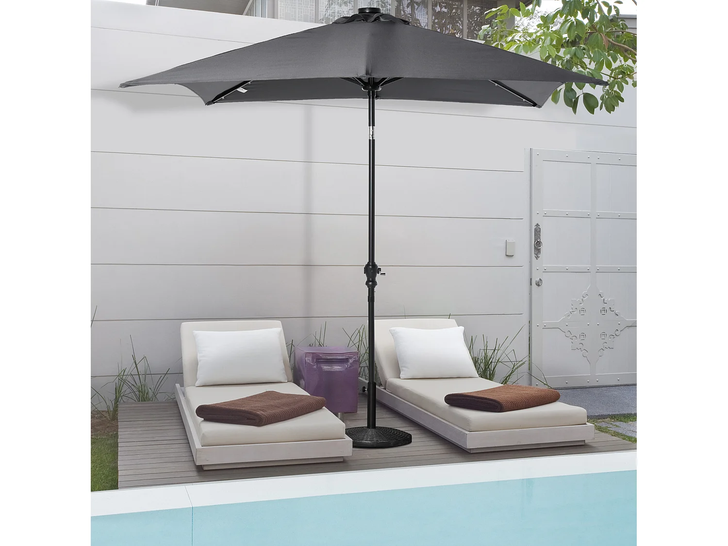 Parasol lumineux rectangulaire inclinable dim. 2,68L x 2,05l x 2,48H m parasol LED solaire métal polyester haute densité gris