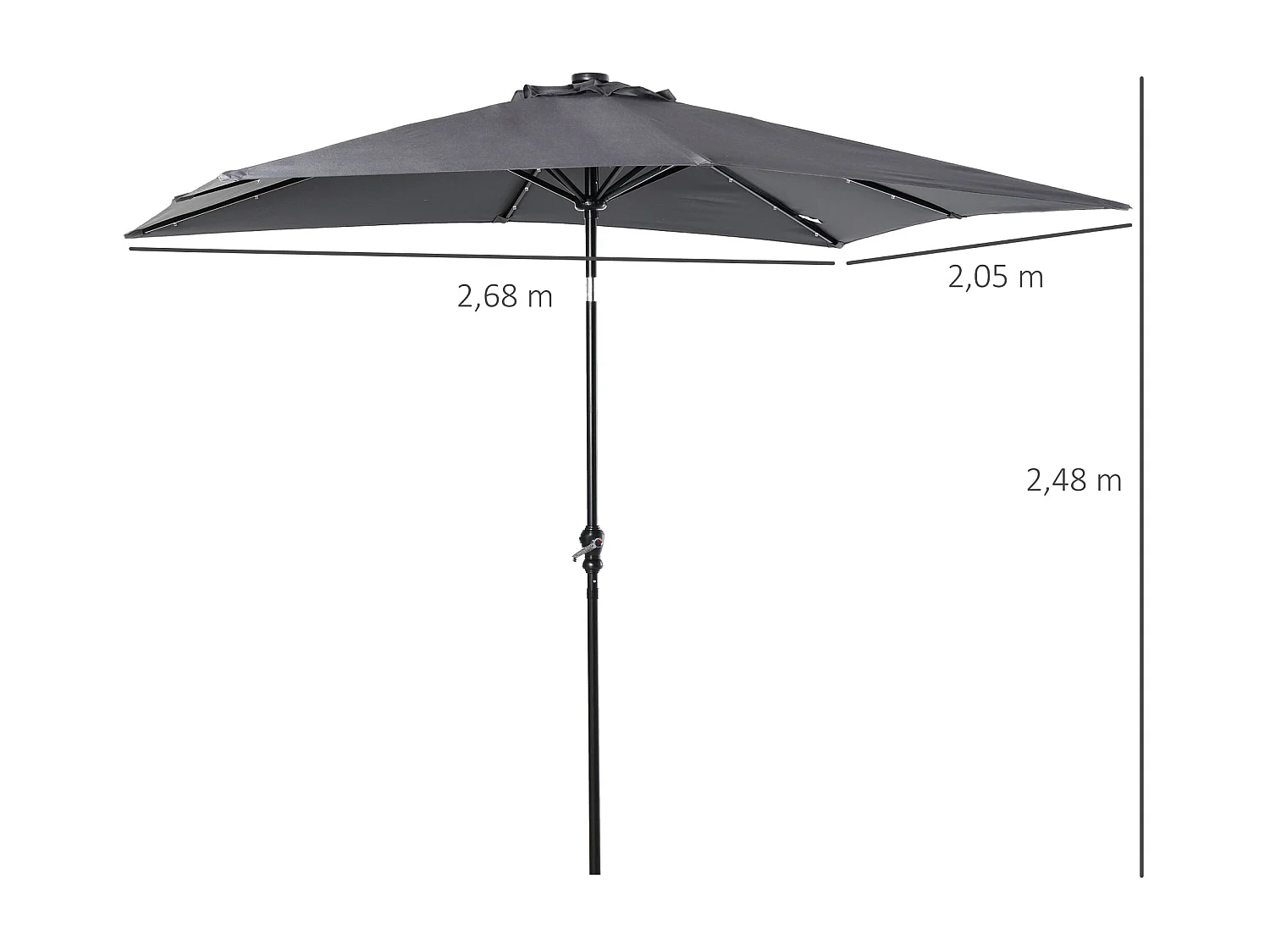 Parasol lumineux rectangulaire inclinable dim. 2,68L x 2,05l x 2,48H m parasol LED solaire métal polyester haute densité gris