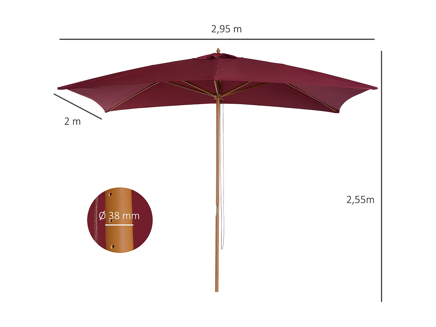 Parasol droit rectangulaire de jardin 2,95L x 2l x 2,55H m rouge bordeaux