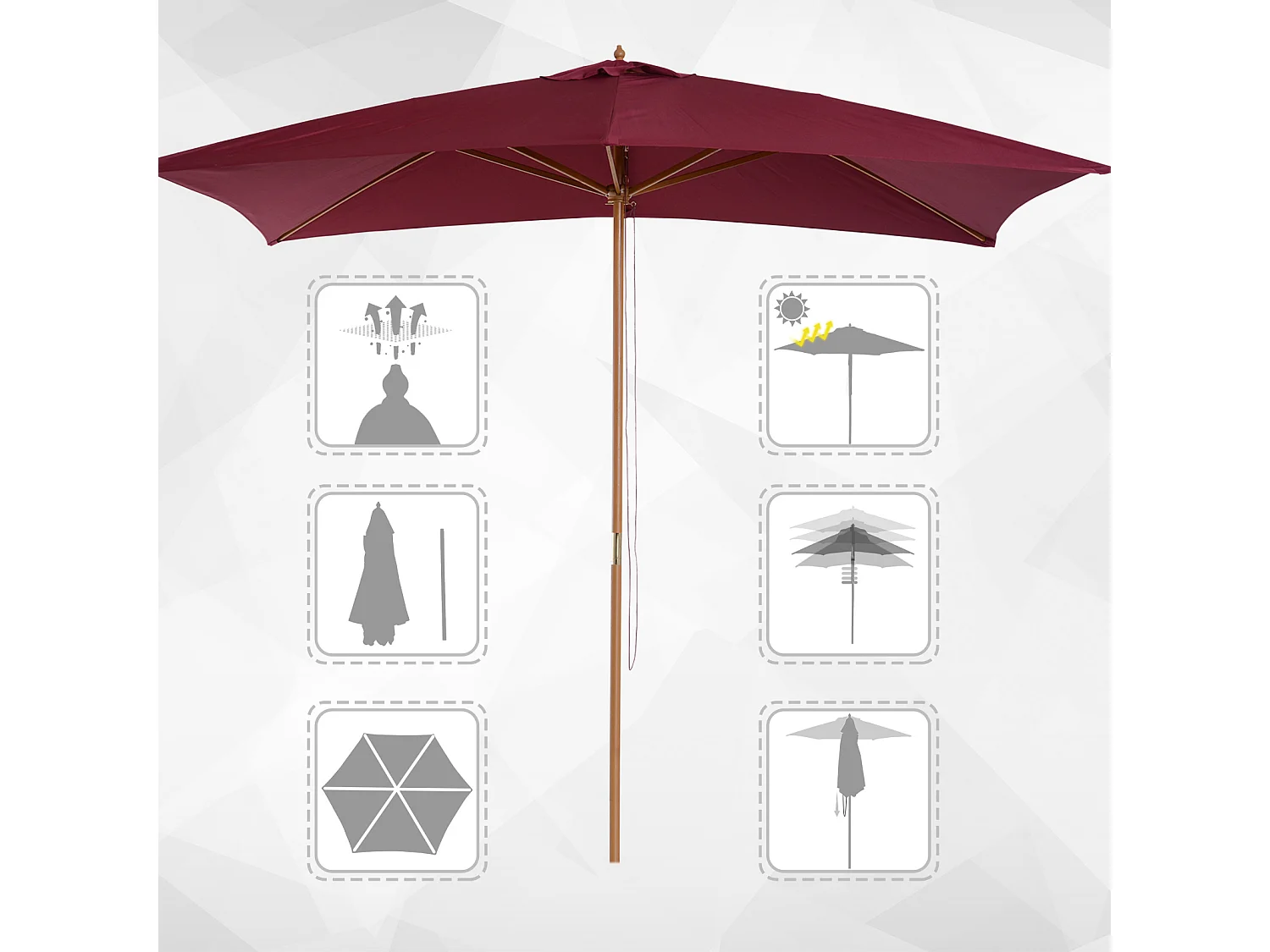 Parasol droit rectangulaire de jardin 2,95L x 2l x 2,55H m rouge bordeaux