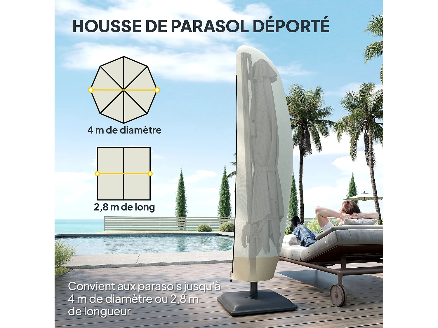 Housse de protection imperméable pour parasol droit avec fermeture éclair et cordon de serrage polyester PVC haute densité beige