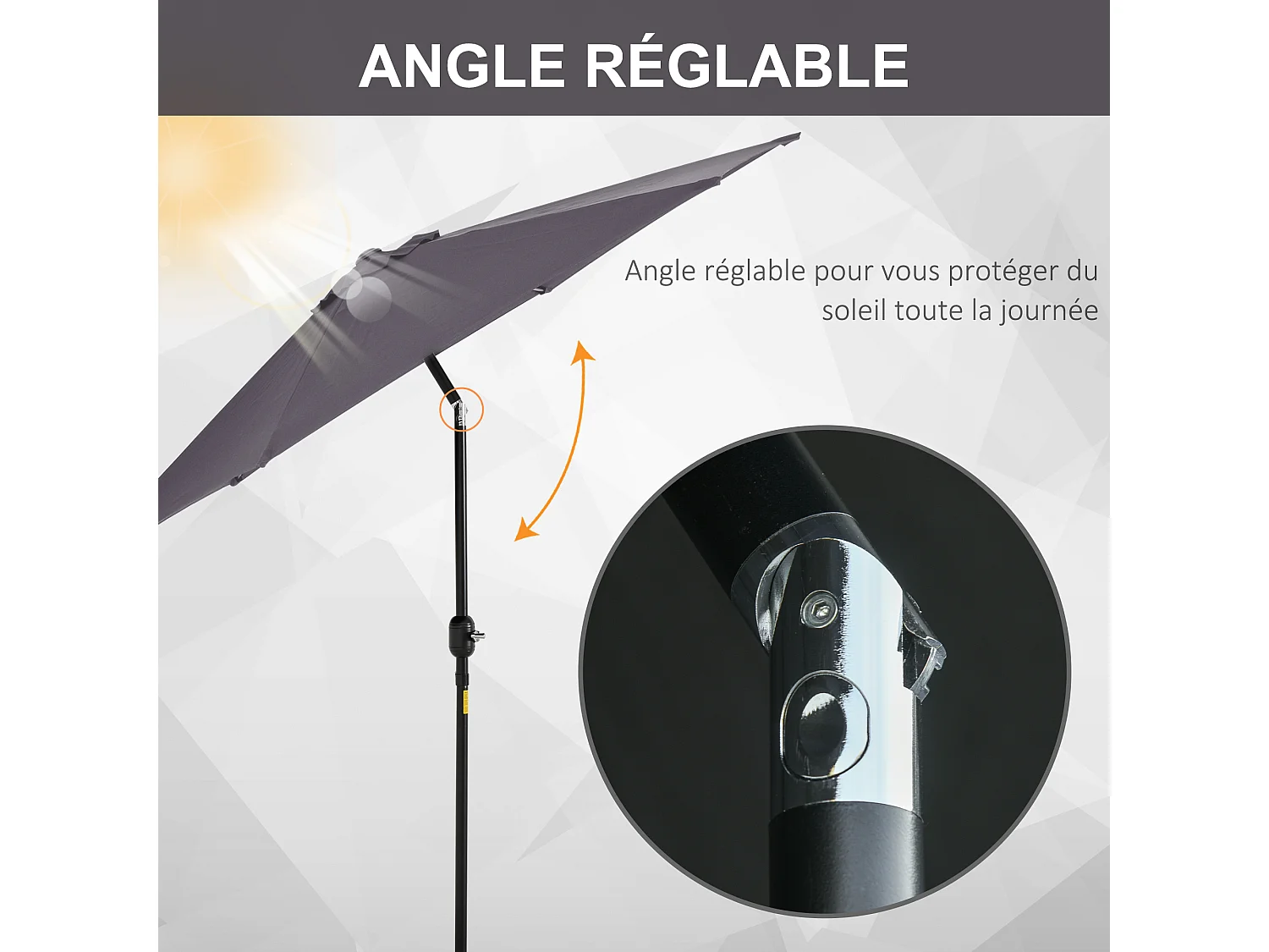 Parasol inclinable de jardin balcon terrasse manivelle toile polyester imperméabilisée haute densité 180 g/m² Ø2,7 x 2,35H m alu gris