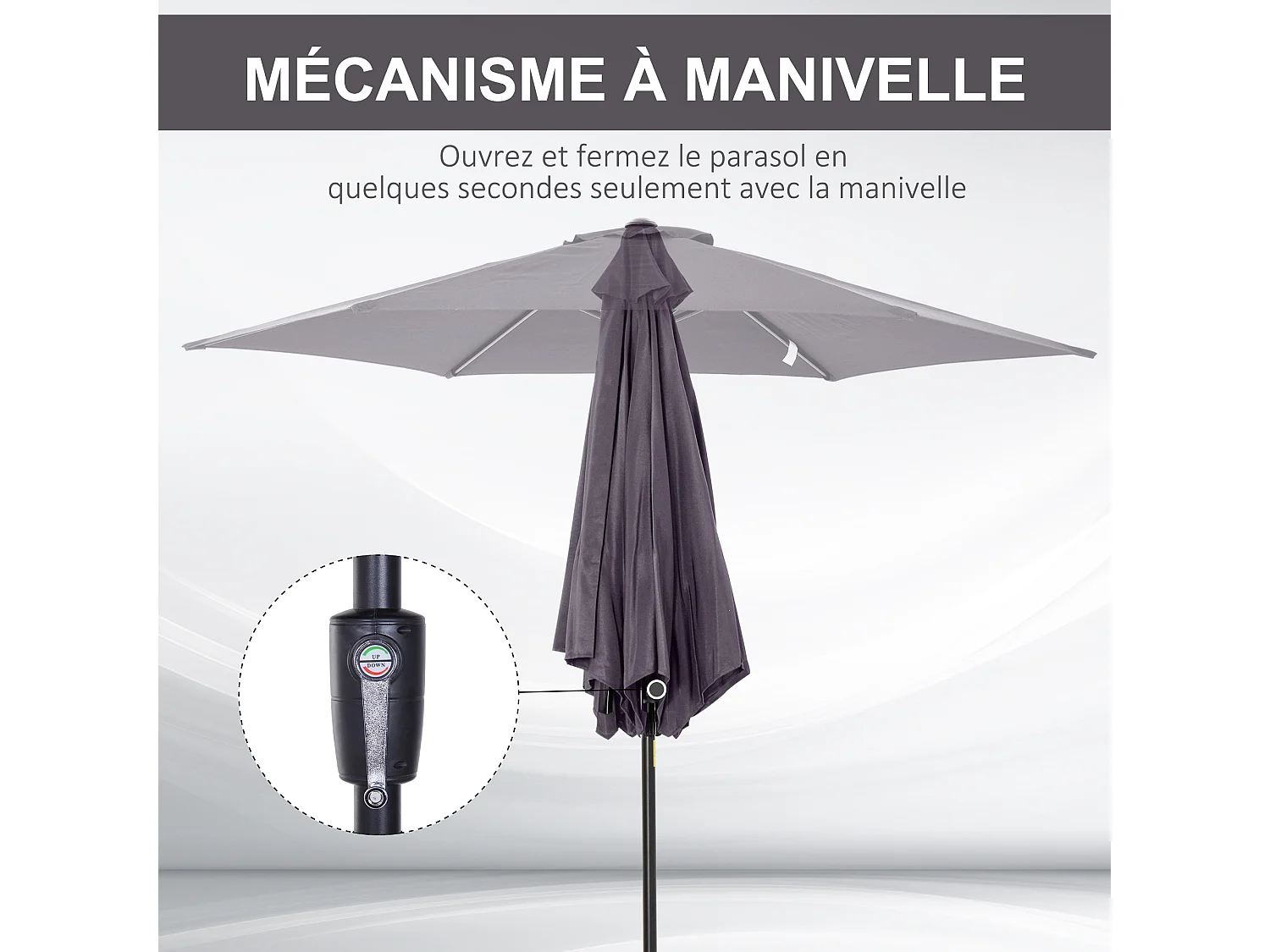 Parasol inclinable de jardin balcon terrasse manivelle toile polyester imperméabilisée haute densité 180 g/m² Ø2,7 x 2,35H m alu gris