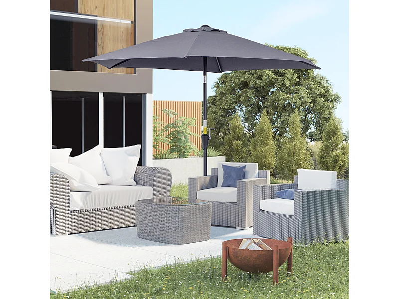 Parasol inclinable de jardin balcon terrasse manivelle toile polyester imperméabilisée haute densité 180 g/m² Ø2,7 x 2,35H m alu gris