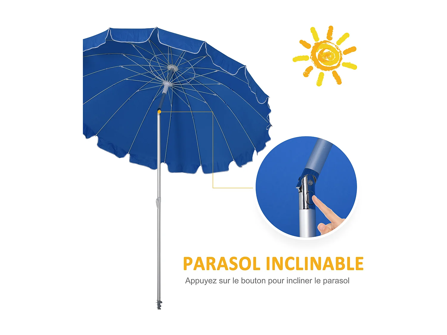 Parasol inclinable rond Ø 220 cm tissu polyester haute densité anti-UV mât démontable alu sac de transport inclus bleu