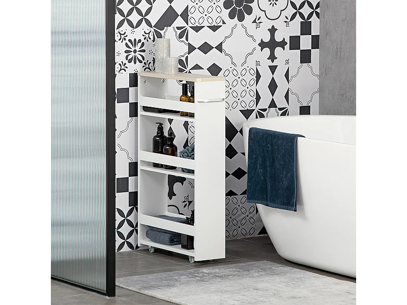 Meuble bas colonne rangement salle de bain à roulettes 3 niveaux dim. 48L x 15l x 80H cm MDF panneaux blanc aspect chêne clair