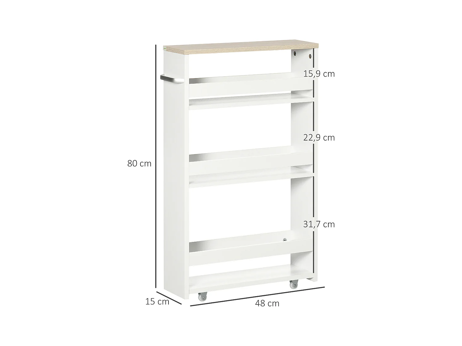 Meuble bas colonne rangement salle de bain à roulettes 3 niveaux dim. 48L x 15l x 80H cm MDF panneaux blanc aspect chêne clair