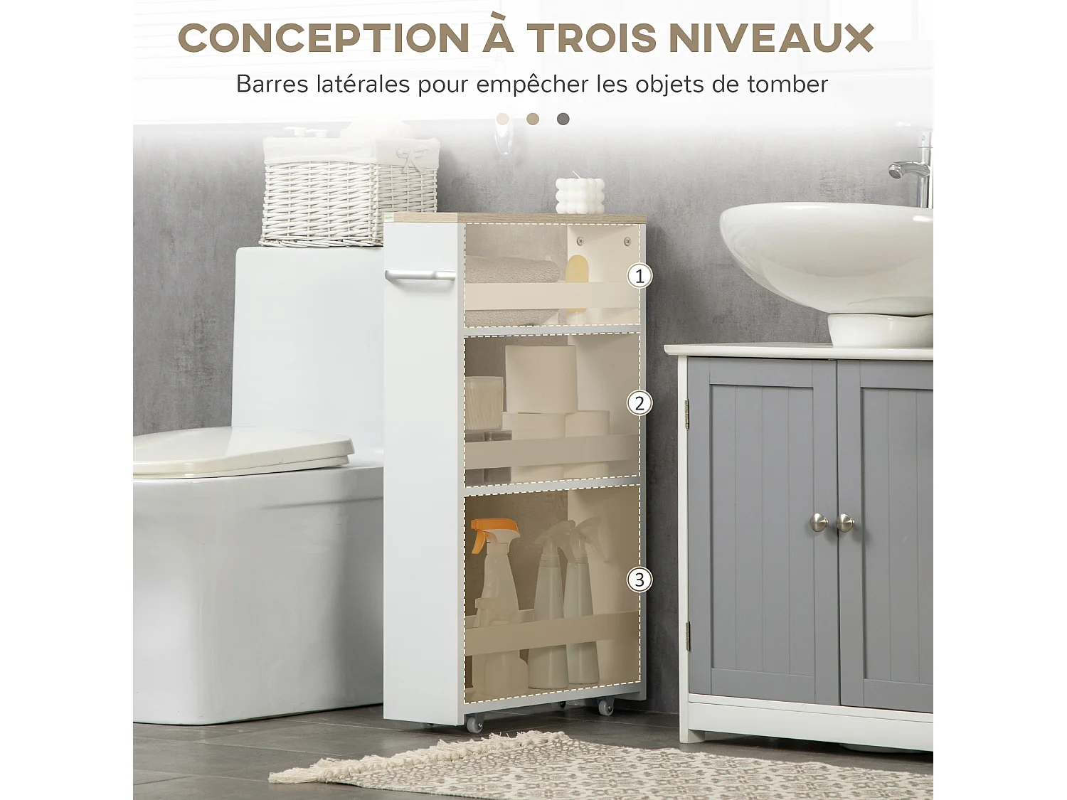 Meuble bas colonne rangement salle de bain à roulettes 3 niveaux dim. 48L x 15l x 80H cm MDF panneaux blanc aspect chêne clair
