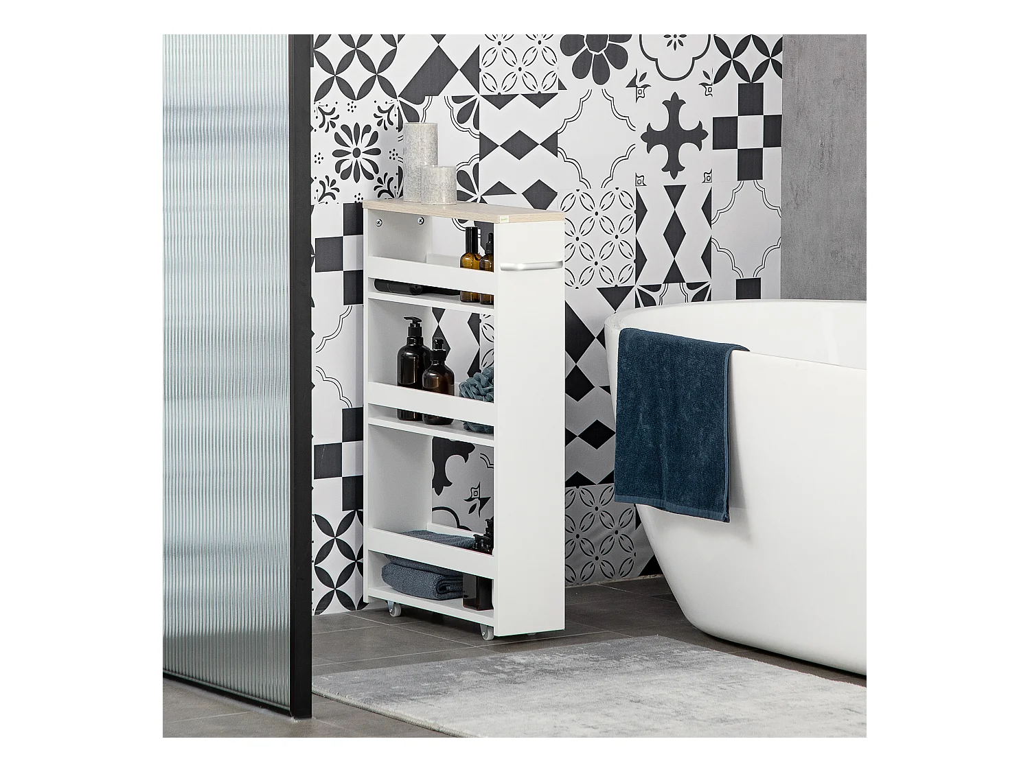 Meuble bas colonne rangement salle de bain à roulettes 3 niveaux dim. 48L x 15l x 80H cm MDF panneaux blanc aspect chêne clair