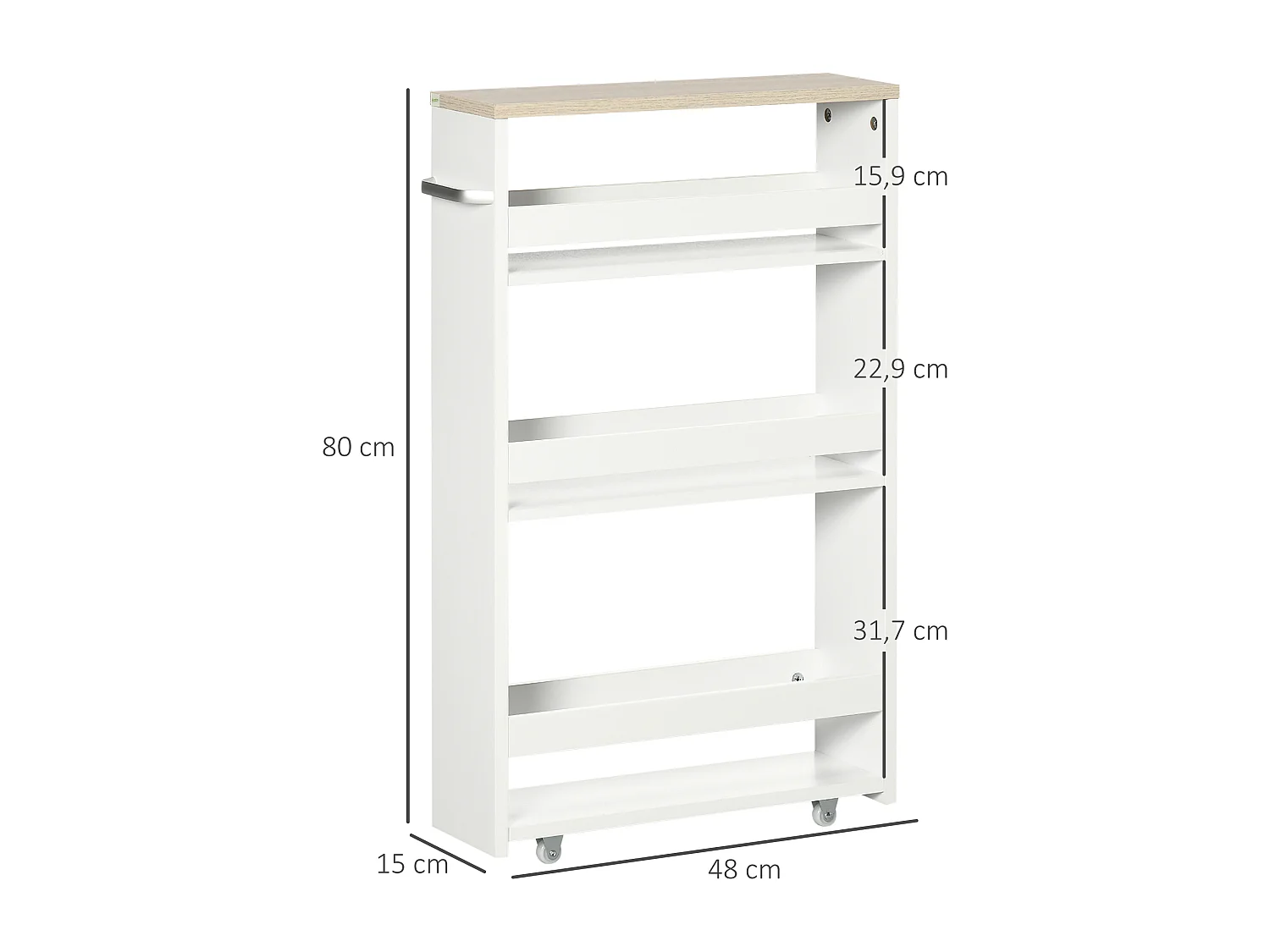 Meuble bas colonne rangement salle de bain à roulettes 3 niveaux dim. 48L x 15l x 80H cm MDF panneaux blanc aspect chêne clair