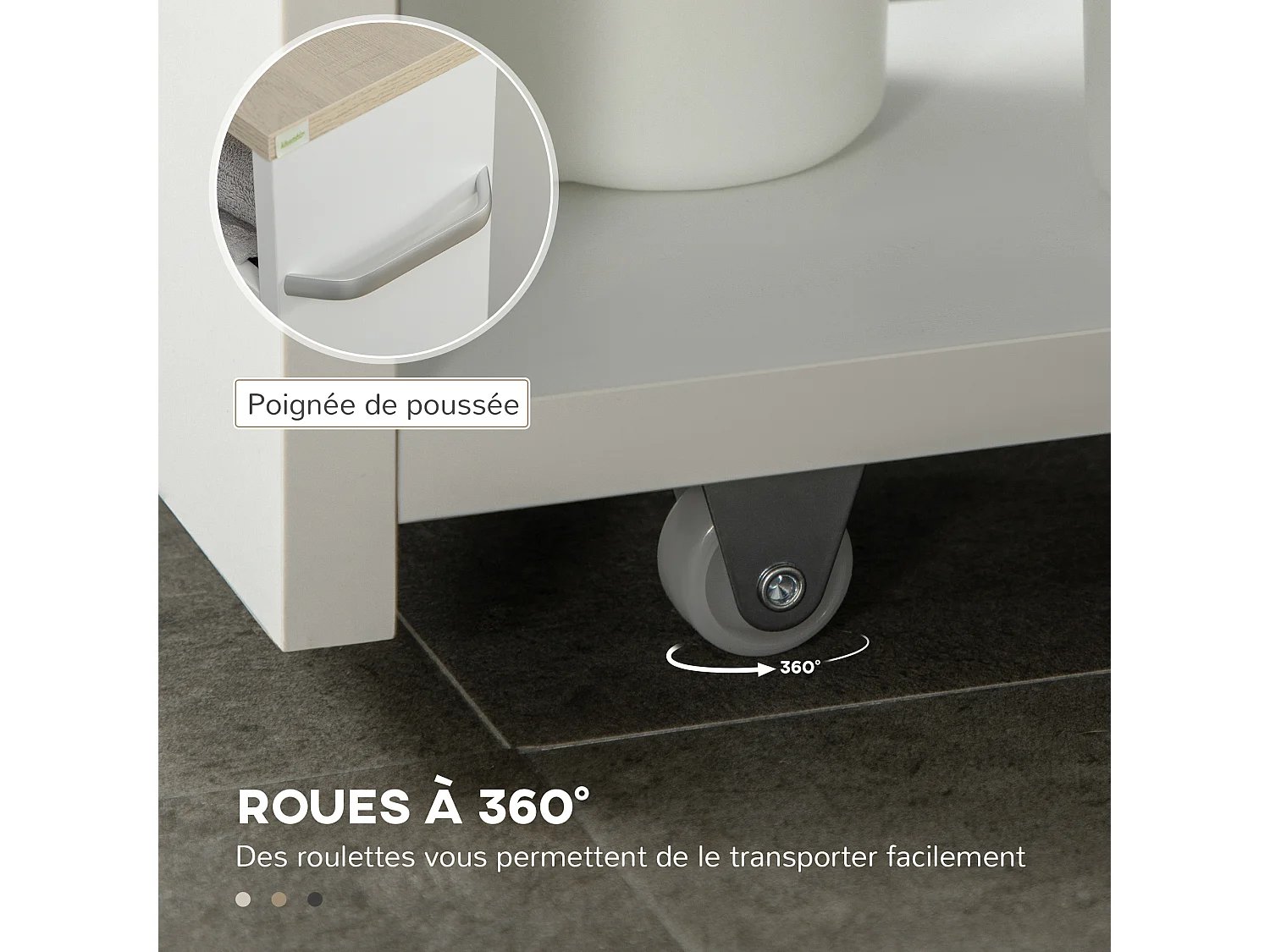 Meuble bas colonne rangement salle de bain à roulettes 3 niveaux dim. 48L x 15l x 80H cm MDF panneaux blanc aspect chêne clair