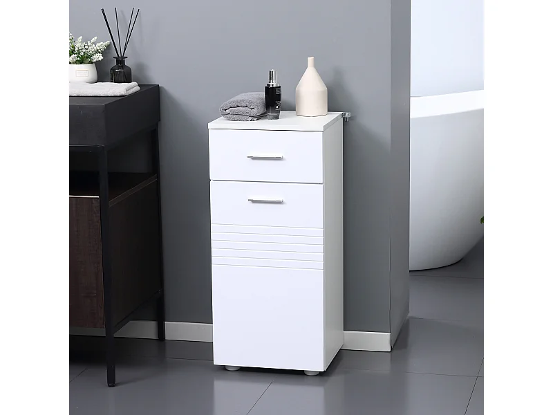 Meuble bas de salle de bain placard porte avec étagère tiroir coulissant panneaux particules blanc