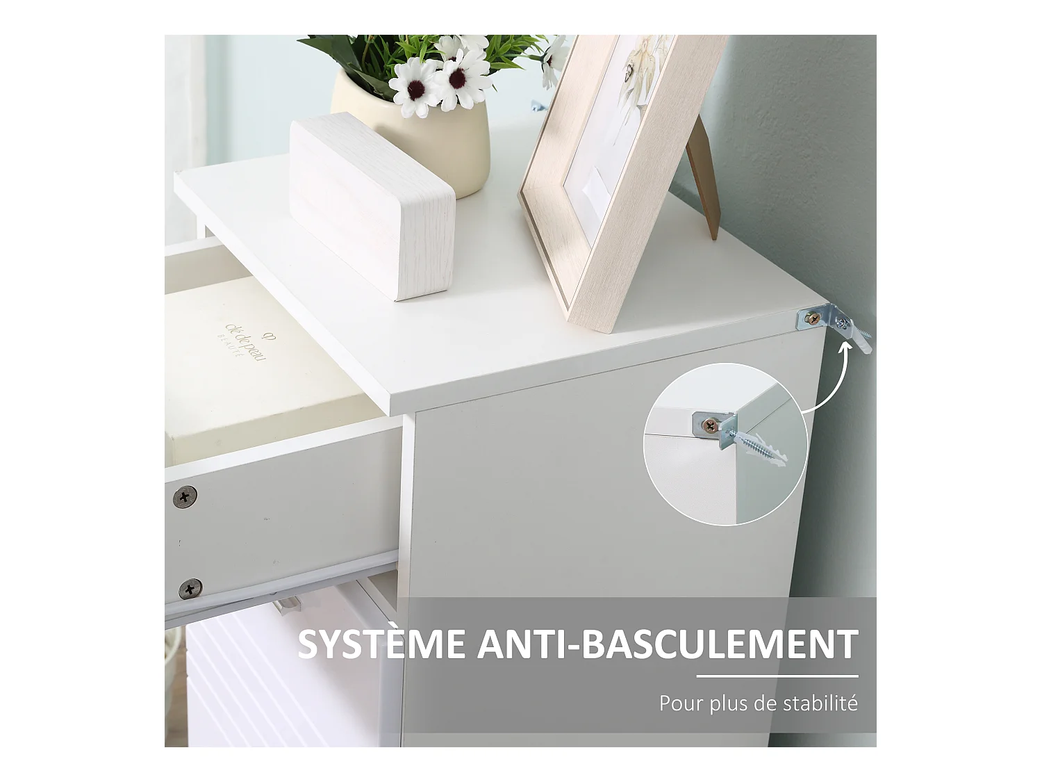 Meuble bas de salle de bain placard porte avec étagère tiroir coulissant panneaux particules blanc